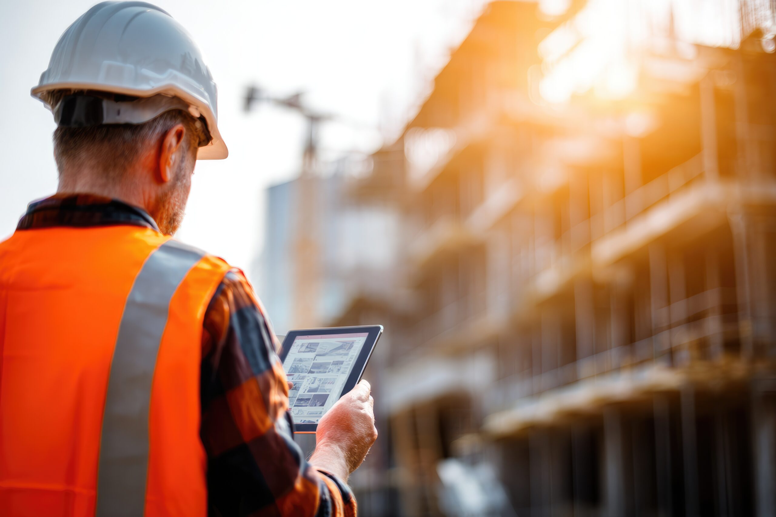 Construction Site Supervisor: A construction supervisor, adorned in a safety vest and helmet, meticulously inspects a building site, using a tablet to monitor progress under a bright sun 